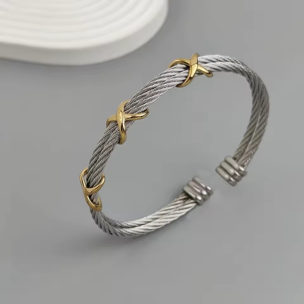 Silver Cable Bracelet with Gold X Accents